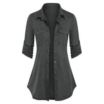 

Double Pockets Long Sleeve Heathered Shirt, Gray