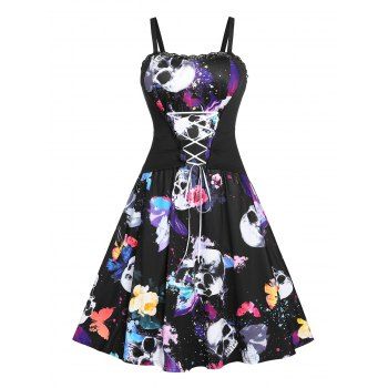 

Plus Size Butterfly Skull Print Lace Up Halloween Dress, Black