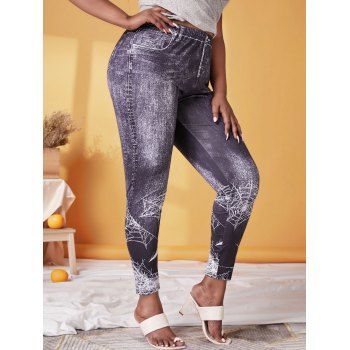 

Plus Size Halloween Spider Web Print 3D Denim Jeggings, Black