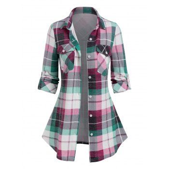 

Pockets Roll Tab Sleeve Plaid Blouse, Multicolor