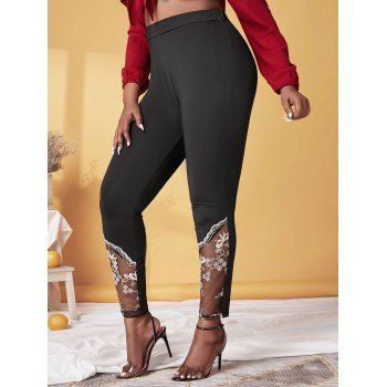 Plus Size Embroidered Mesh Panel Skinny Pants, Black