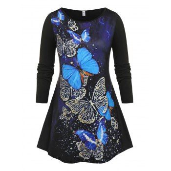 

Plus Size Long Sleeve Butterfly Print Tunic T-shirt, Black