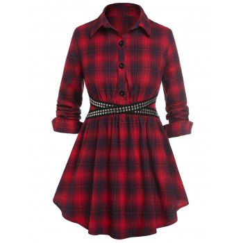 

Plus Size Plaid Print Cross Rivets Blouse, Red