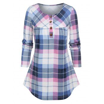 

Plaid Print Long Sleeve Henley T-shirt, Multicolor