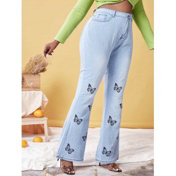 

Plus Size Butterfly Print Bell Bottom Jeans, Light blue