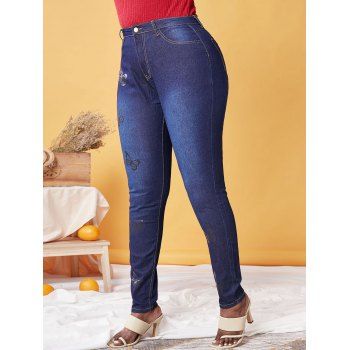 

Plus Size Butterfly Print Skinny Jeans, Deep blue