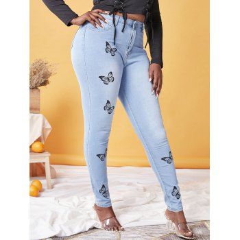 

Plus Size Butterfly Print Skinny Jeans, Light blue