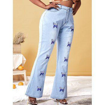 

Plus Size Butterfly Print High Rise Bell Jeans, Light blue