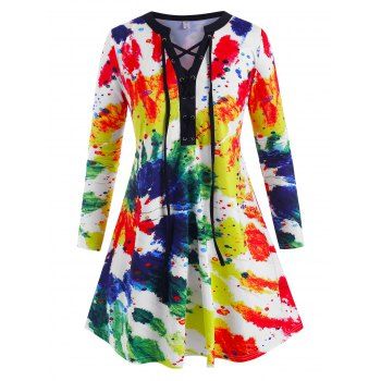 

Plus Size Splatter Paint Lace Up Tunic Tee, White