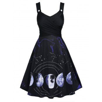 

Plus Size Crossover Moon Phase Print Dress, Black