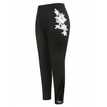 

Plus Size Applique Flower Lace Insert Pencil Pants, Black
