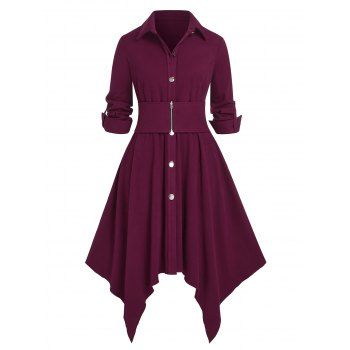 

Plus Size Button Up Roll Up Sleeve Handkerchief Dress, Deep red