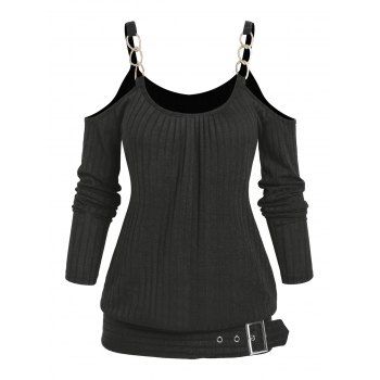 

Cold Shoulder Chain Detail Buckle Strap T-shirt, Black