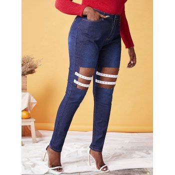 

Plus Size Cutout Studded Straps Jeans, Deep blue