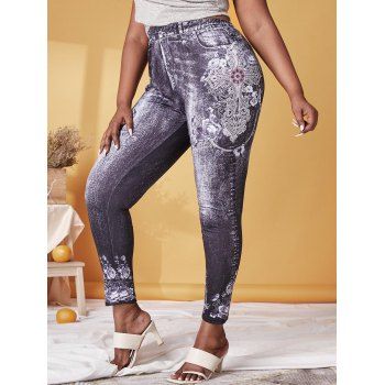 

Plus Size Floral Print 3D Denim Print Jeggings, Black