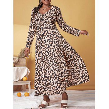 

Plus Size Leopard Print Front Twist High Slit Dress, Deep coffee