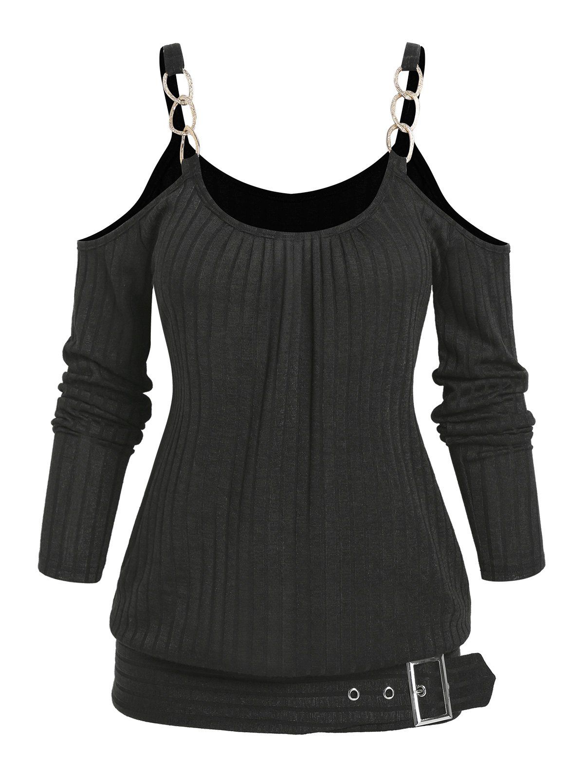 Cold Shoulder Chain Detail Buckle Strap T-shirt - BLACK XXXL