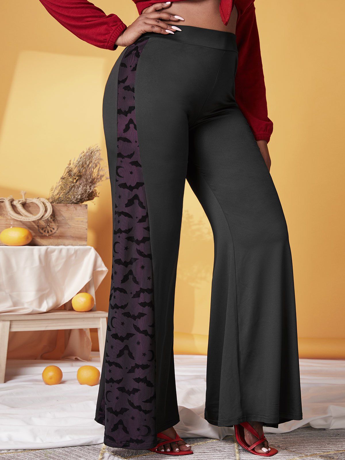 Pantalon D'Halloween en Maille Chauve-souris de Grande Taille - Noir L