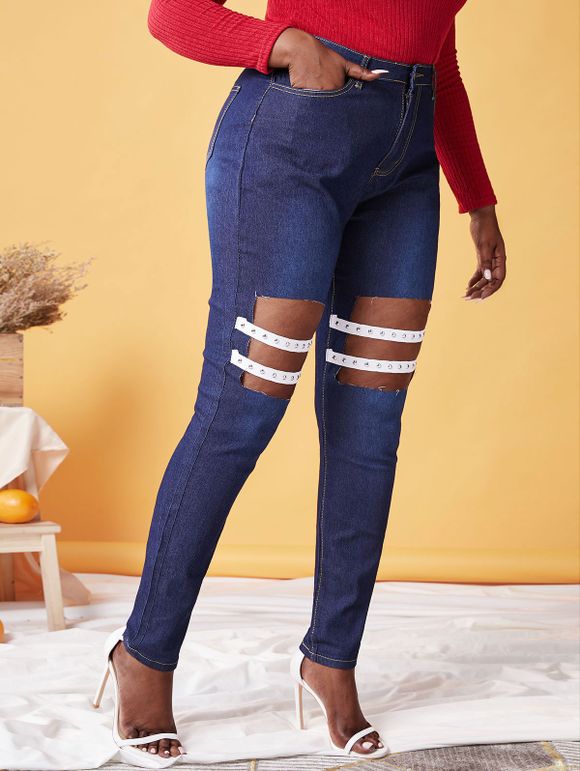 Jean Découpé Clouté à Bretelle de Grande Taille - Bleu profond 4XL