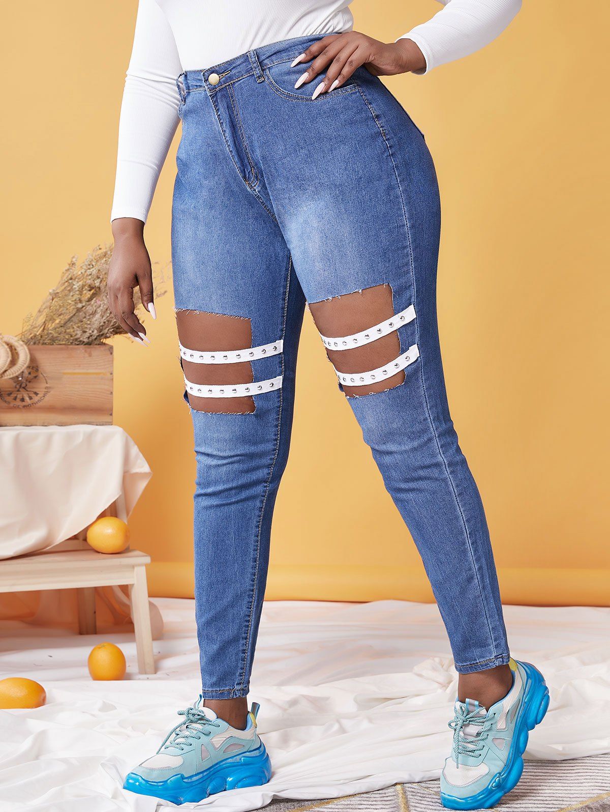 Plus Size Cutout Studded Straps Jeans - BLUE 5XL