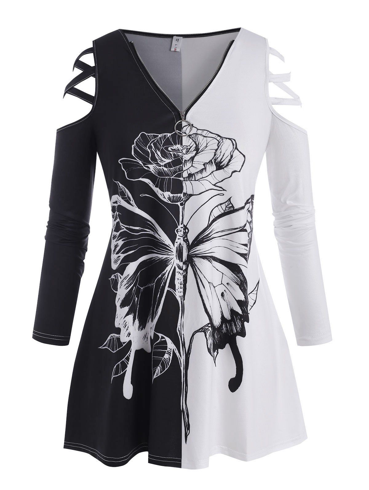 T-shirt Fleur Papillon en Treillis à Epaule Dénudée de Grande Taille - Noir 1X