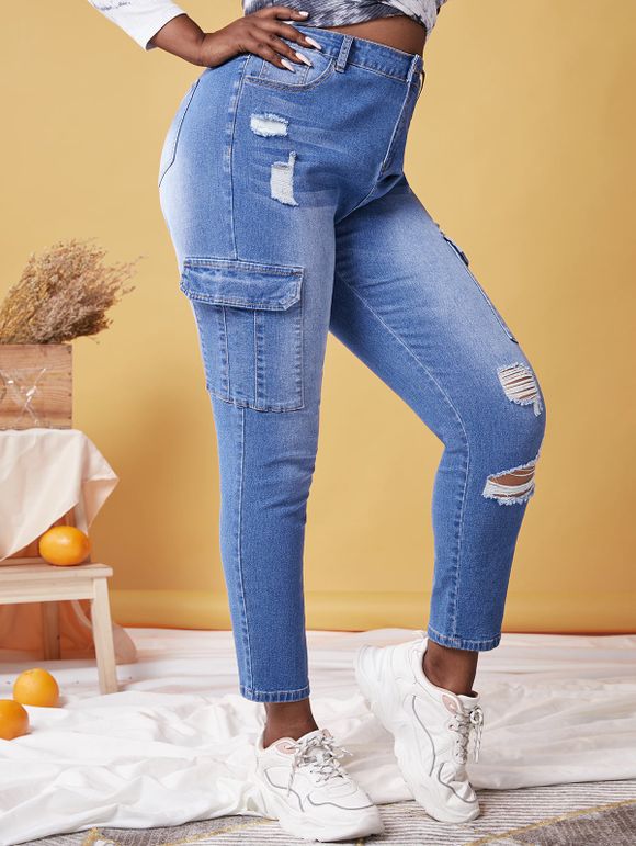 Plus Size Pockets Ripped Jeans - BLUE 2X