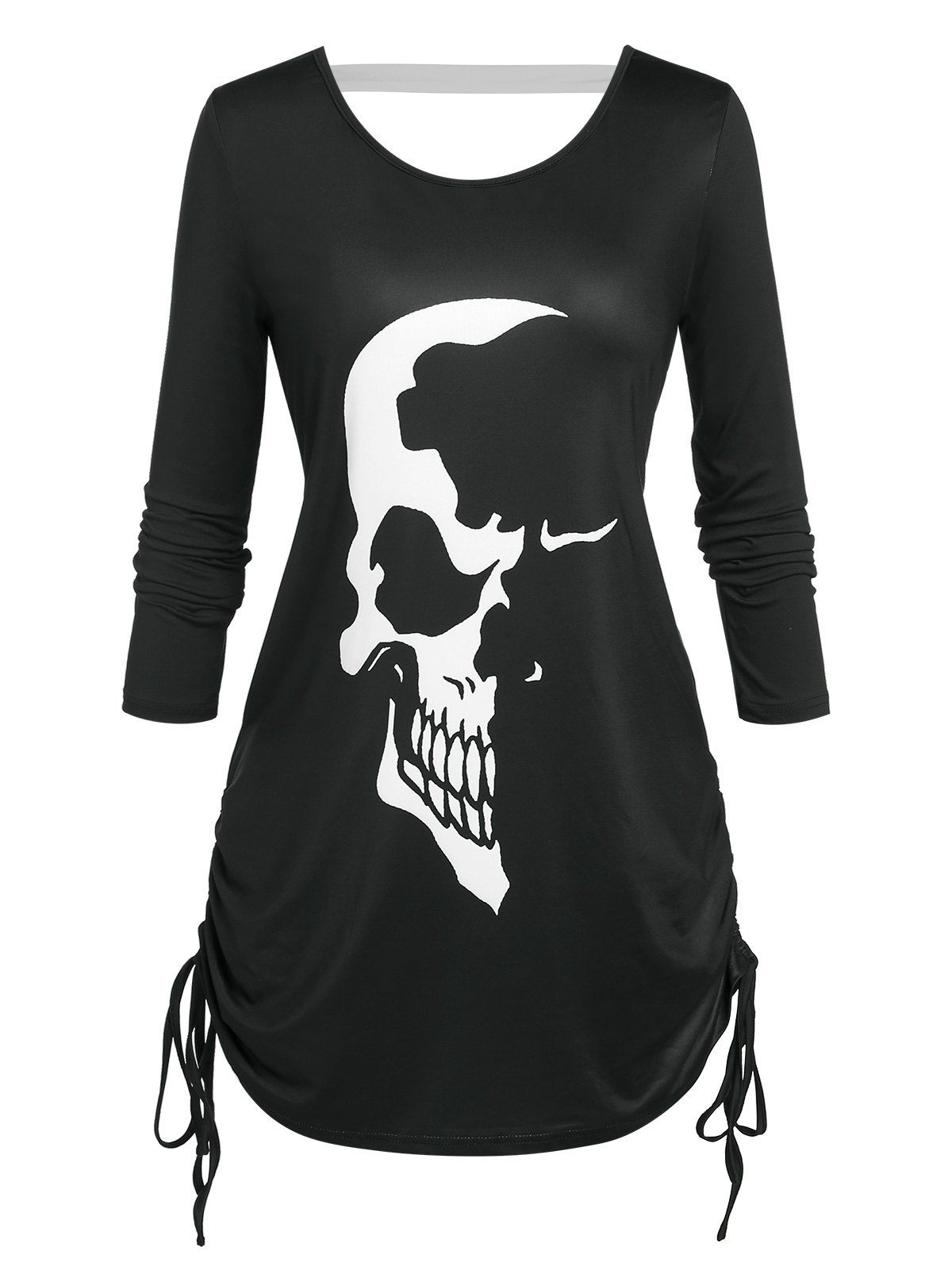 T-shirt D'Halloween Plissé Imprimé Crâne de Grande Taille - Noir 5X
