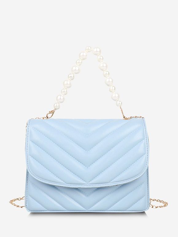 Sac à Bandoulière Matelassé Motif Zig Zag et Perle Fantaisie - Bleu clair 