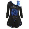 T-shirt à Imprimé Fleur de Grande Taille à Col Oblique Noué - Noir 2X