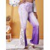 Plus Size Lace Insert 3D Jean Print Bell Pants - LIGHT PURPLE L