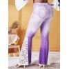 Plus Size Lace Insert 3D Jean Print Bell Pants - LIGHT PURPLE L