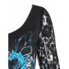 Flower Butterfly Wing Print Lace Insert Handkerchief T Shirt - BLACK M