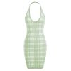 Plus Size Halter Plaid Knitted Slinky Bodycon Dress - LIGHT GREEN 3XL