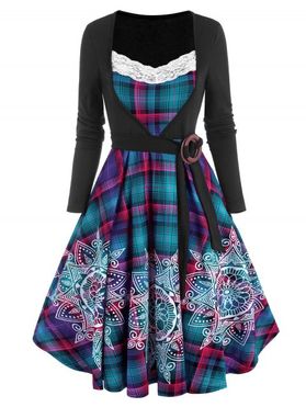 Plaid Bohemian Flower Print Lace Insert O Ring Belted Dress
