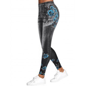 

3D Wing Rose Print High Waisted Jeggings, Multicolor