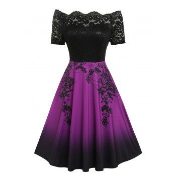

Plus Size Off The Shoulder Ombre Color Vintage Dress, Black