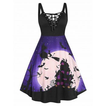 

Plus Size Halloween Moon Bat Print Lattice Sleeveless Dress, Black