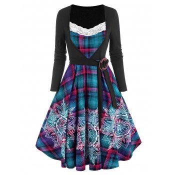 

Plaid Bohemian Flower Print Lace Insert O Ring Belted Dress, Multicolor