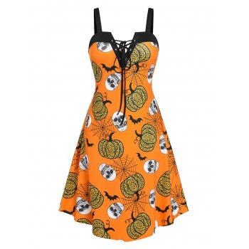 Plus Size Lace Up Pumpkin Print Halloween Dress