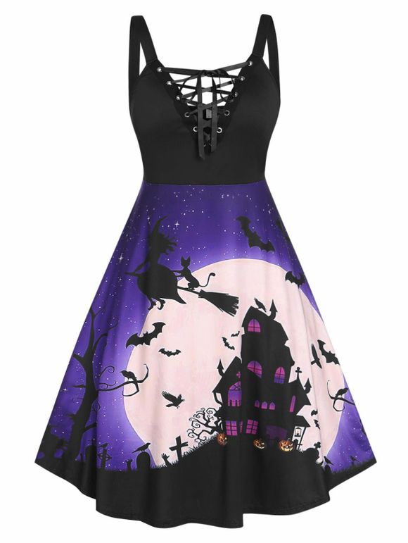 Plus Size Halloween Moon Bat Print Lattice Sleeveless Dress - BLACK 5X