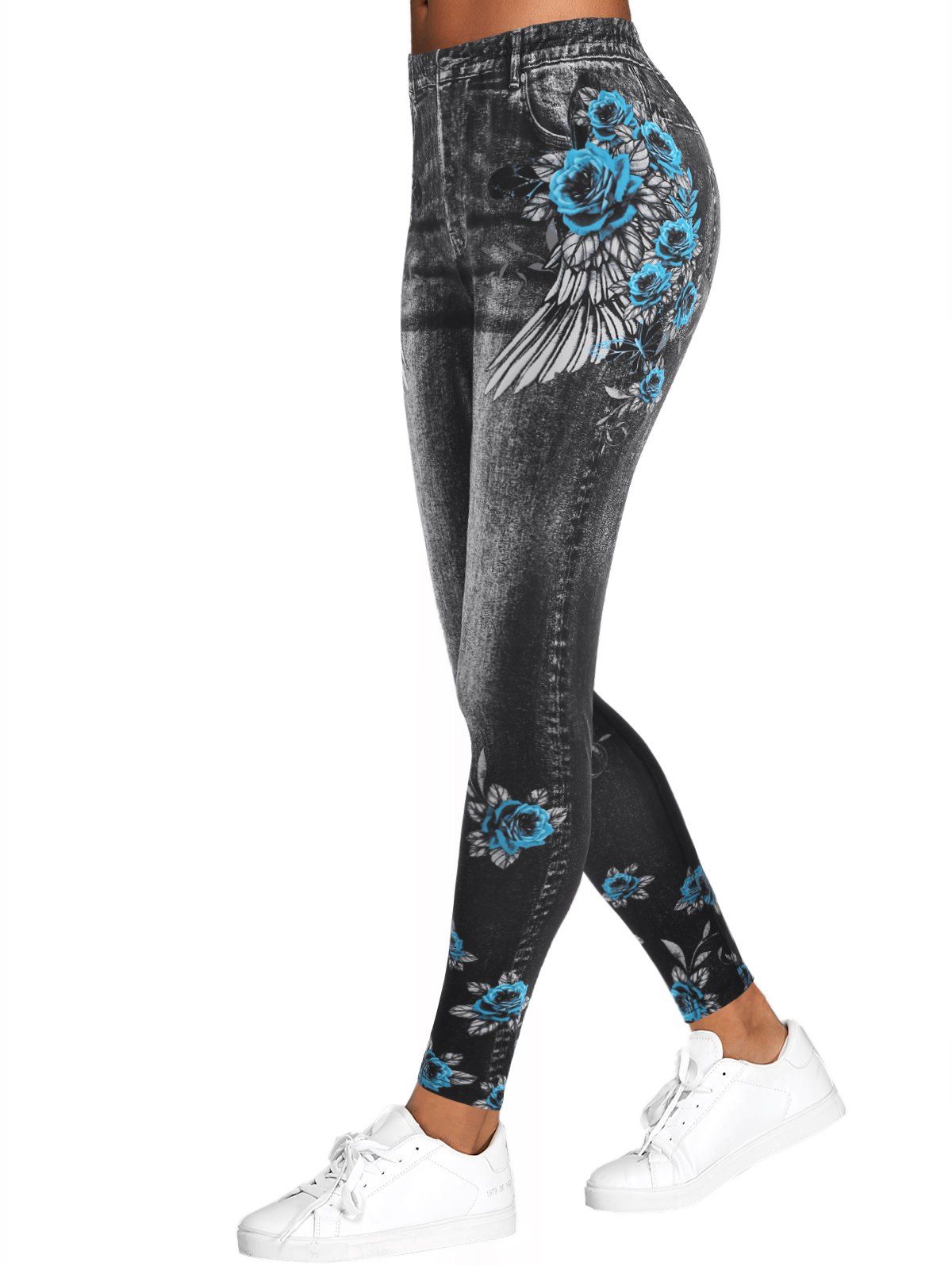 3D Wing Rose Print High Waisted Jeggings - multicolor XXXL