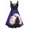 Plus Size Halloween Moon Bat Print Lattice Sleeveless Dress - BLACK 5X