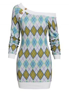 Tribal Argyle Geometric Pattern Skew Collar Sweater Bodycon Dress