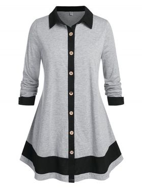 Plus Size Button Up Bicolor Long Sleeve Tunic Shirt