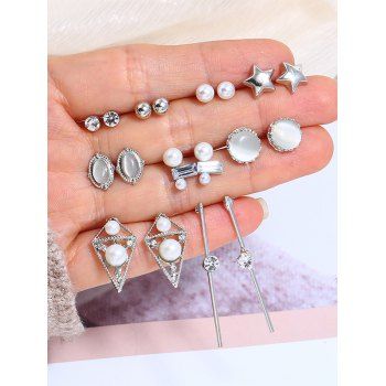 

9 Pairs Bohemian Faux Pearl Geometric Star Earrings Set, Silver