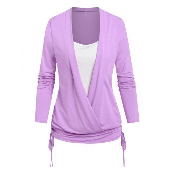 

Colorblock Cinched Surplice Blouson T Shirt, Light purple