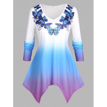 

Plus Size Butterfly Print Ombre Color Handkerchief T-shirt, Multicolor