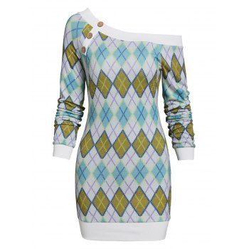 Tribal Argyle Geometric Pattern Skew Collar Sweater Bodycon Dress dresslily imagine noua 2022