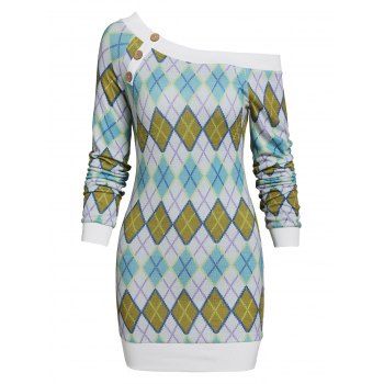 

Tribal Argyle Geometric Pattern Skew Collar Sweater Bodycon Dress, Multicolor