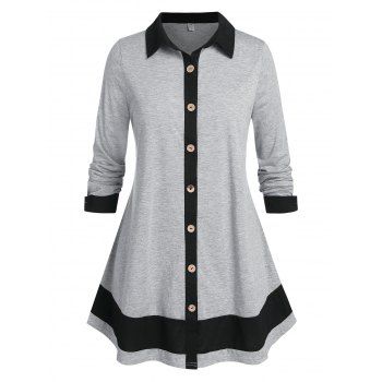 

Plus Size Button Up Bicolor Long Sleeve Tunic Shirt, Gray